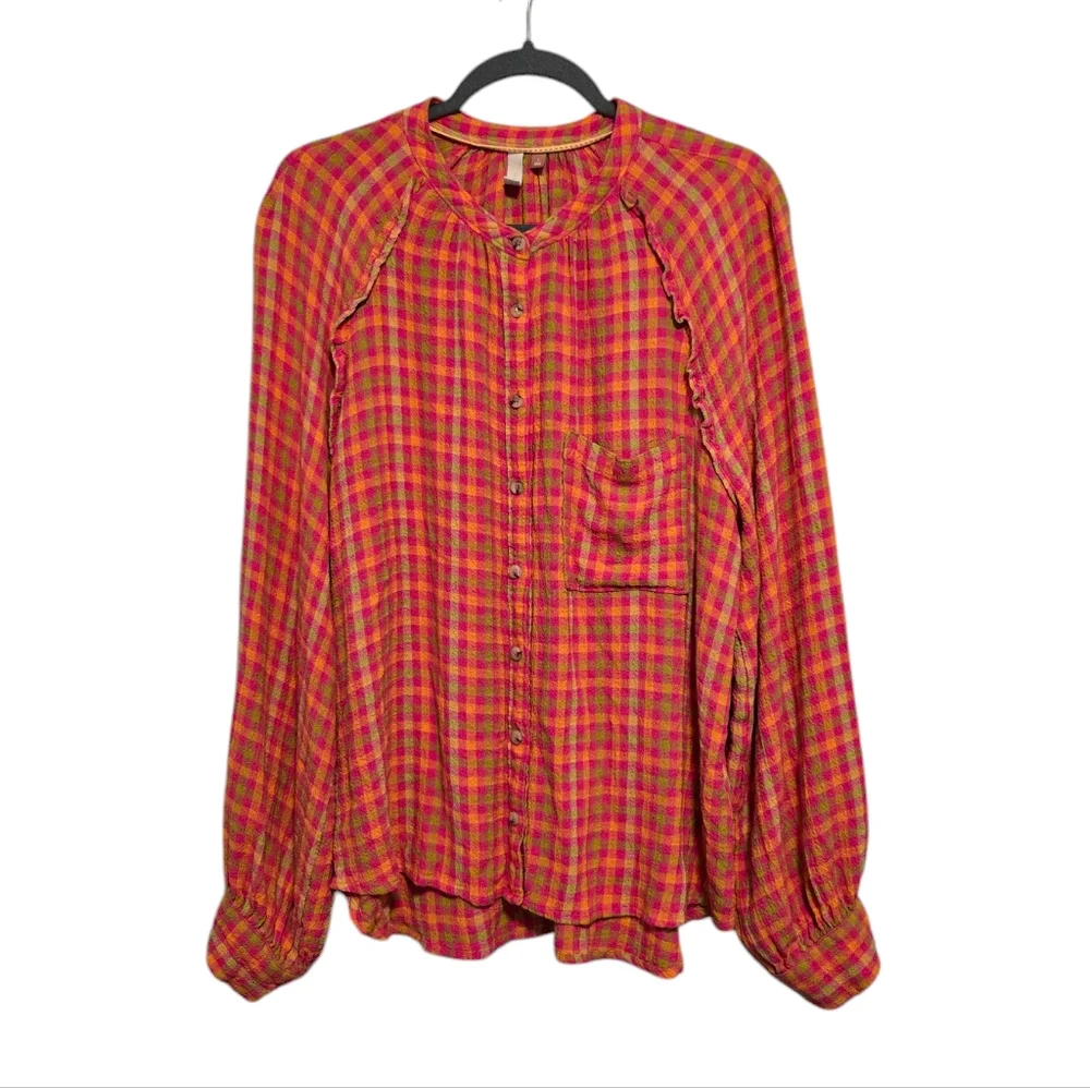 💫$10 SALE💫Anthropologie Pilcro Breezy Buttondown in pink & orange checked - Picture 2 of 8